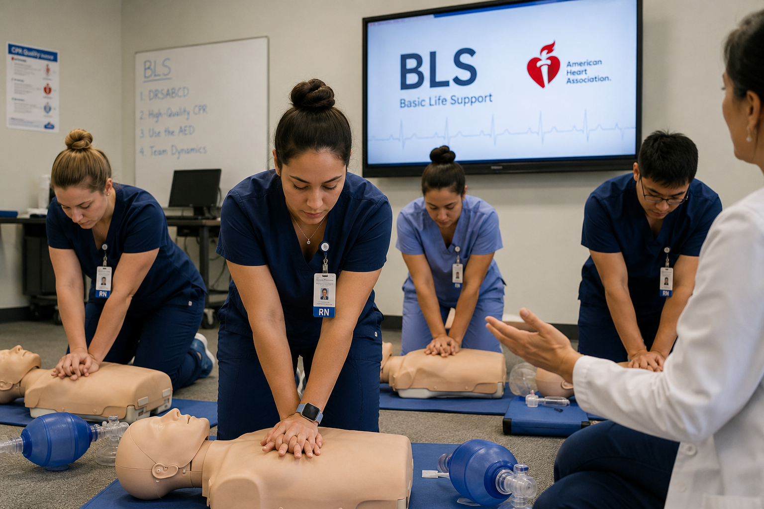 Students practicing CPR skills during an E&E CPR & Safety BLS training class.