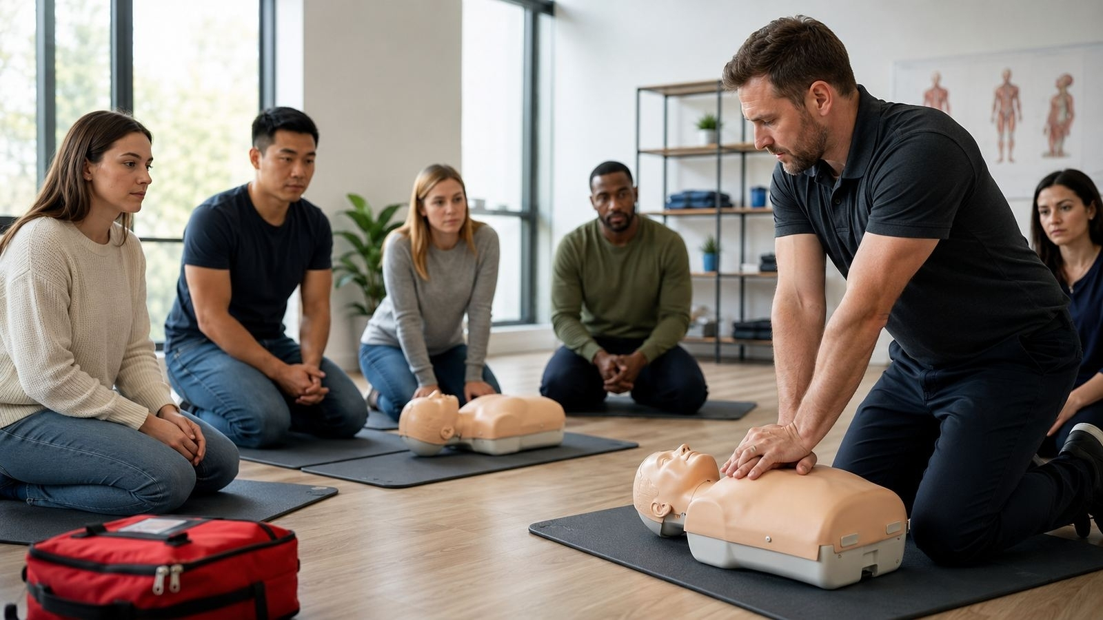 CPR instructor demonstrating chest compressions on an adult manikin during BLS training.